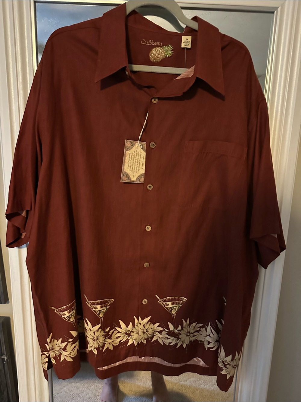 Caribbean 2X Men's Short-Sleeve Button  Shirt in Deep Rust Brown ~Floral Trim